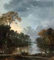 landscape at twighlight with a horseman pulling a boat along a canal